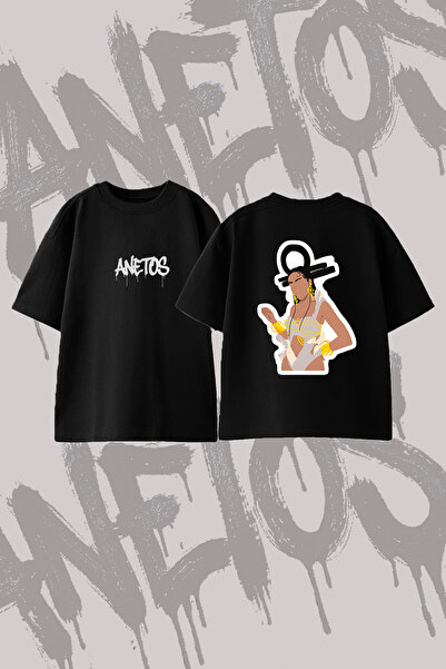 Anetos Libra Zodiac Design Back Printed Cotton Black Oversize T-Shirt