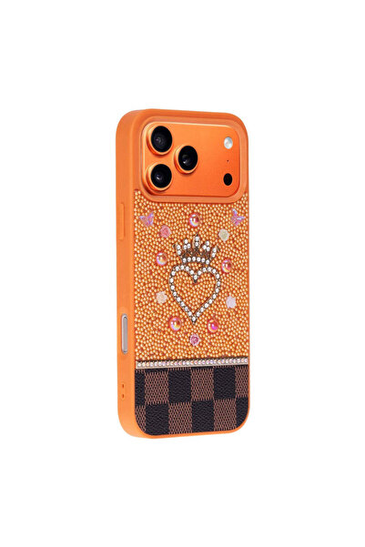 BloominBag TIARA Orange Crystal Heart iPhone 17 Pro Max Taşlı Telefon Kılıfı