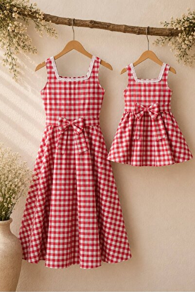 KÜÇÜĞÜM BUTİK Red Gingham Square Collar Women's Dress and Girls' Red Gingham ...