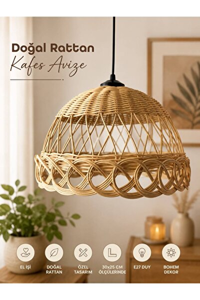 barellum Dora Doğal Rattan Kafes Avize El Yapımı Bohem Sarkıt Avize 30x25 cm ...