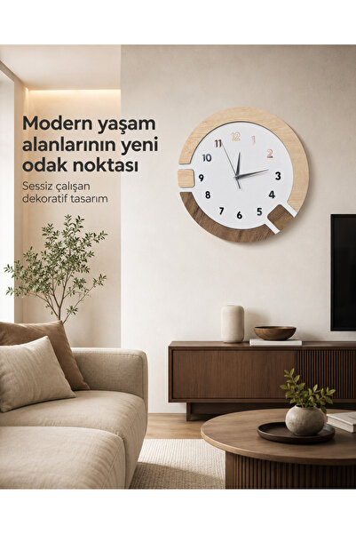 Nixar Desing Sessiz Mekanizmalı Modern Geometrik MDF Duvar Saati Krem Keçe Görünümlü Duvar Saati 42x42 cm