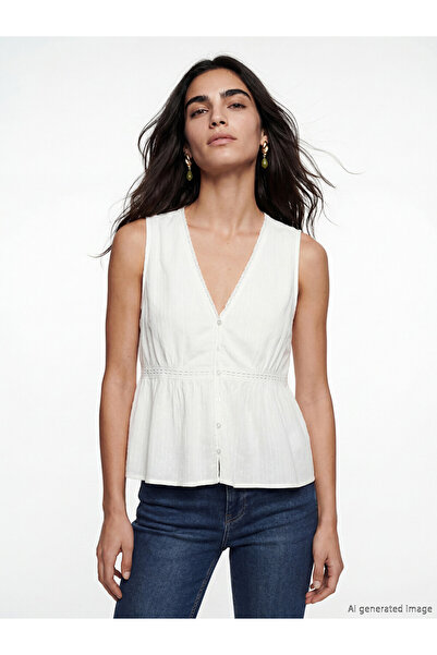 LC Waikiki V Neck Lace Detailed Ruched Blouse