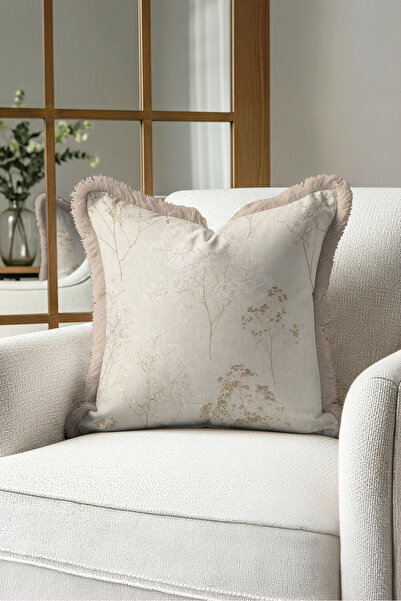 Evimde Bambaşka Floral Beige Botanical Motif Fringed Pillowcase - Soft Natura...