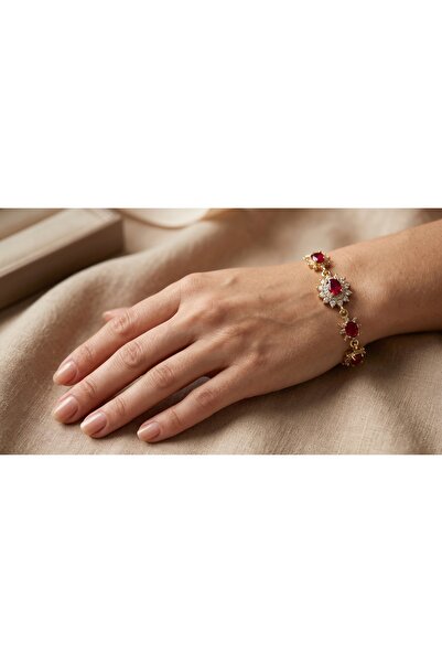 robel Golden Oval‑Ruby Bracelet with Diamond‑Style Floral Halos