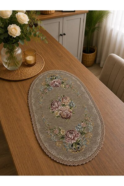 Yeshome Collection Royal Bouquet Şönilli Goblen 40X60 Oval Coffee Table Cover