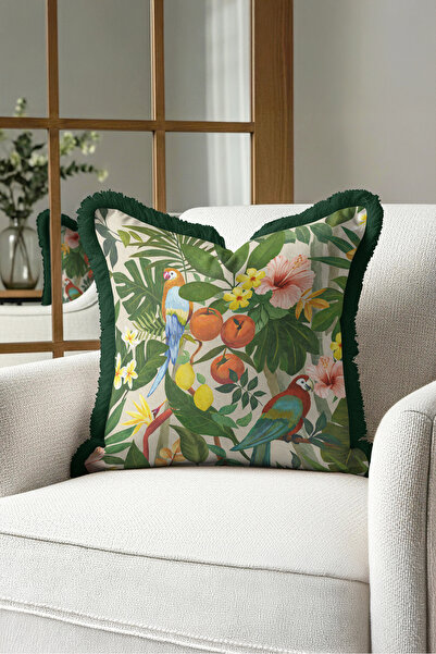 Evimde Bambaşka Tropical Parrot Exotic Palm Fringed Pillowcase - Green Cream ...