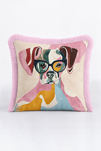 Evimde Bambaşka Pop Art Dog Figured Colorful Fringed Pillowcase-Artistic Bohe...