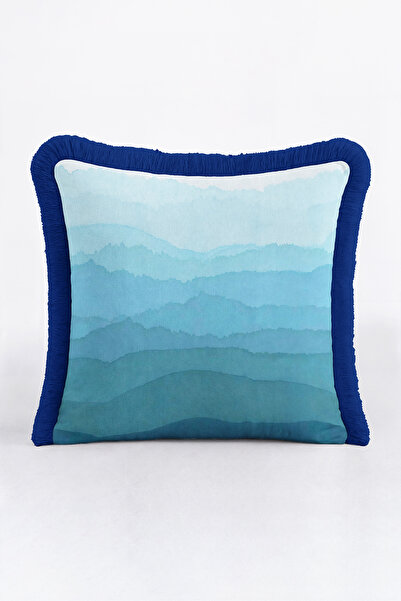 Evimde Bambaşka Blue Gradient Landscape Fringed Pillowcase - Watercolor Mount...