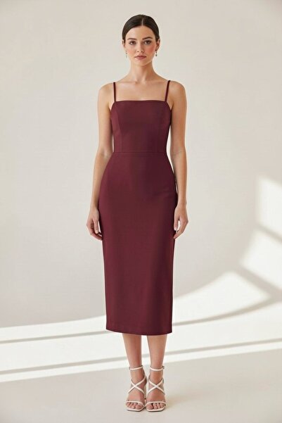 ENDAMIM Square Neck Scuba Midi Dress Slim Fit Slit Zipper Wedding Wedding Wom...