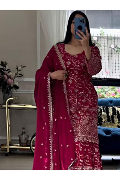 MYSMAR Pink Fandy Crush Silk Embroidered Sharara Set with Dupatta - HRT7593 |...