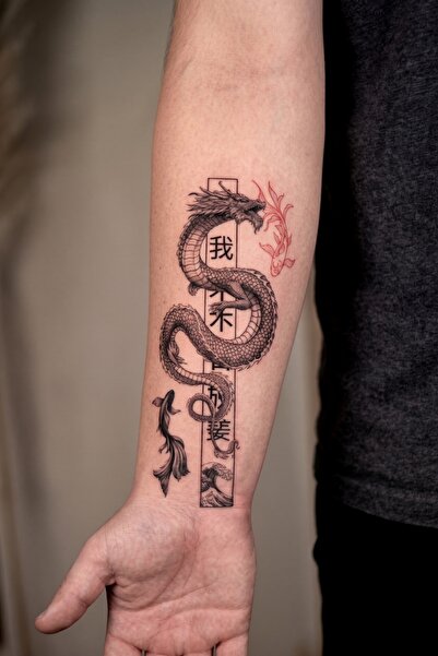 BP Tattoo Ejderha ve Koi Balığı Desenli Orta Boy Geçici Dövme Tattoo