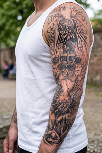 BP Tattoo Dua Eden Melek, Haç ve Savaşçı Temalı Büyük Boy Kol Dövmesi