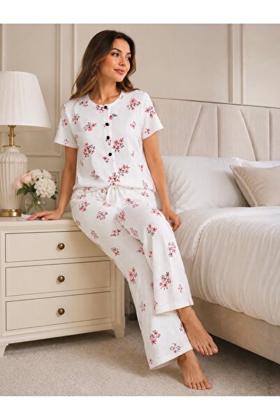 WASMA Women's 100% Cotton Ribbed Pajamas with Floral Pattern