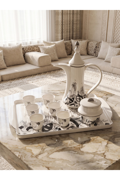 KOZE Ceramic 9 Pieces Serving & Hospitality Set Coffee Pot and Tray Set with ...