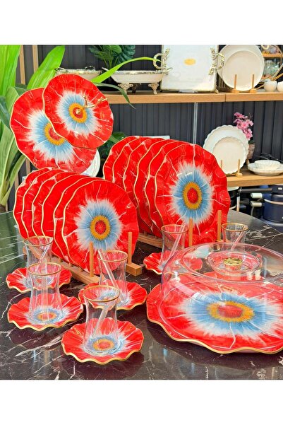Onedekor 34 Parça Rosse Gold Yaldızlı 6 Kişilik Pasta Çay Servis İkram Takımı