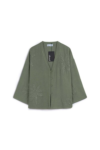 praye Embroidered Buttoned Kimono Khaki