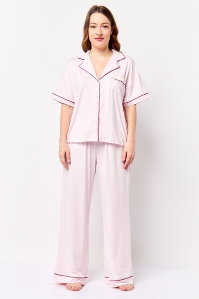 Fudo Women 2Pcs Brand Logo Pajama Top And Bottom, Pink