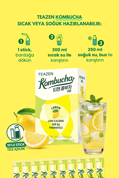 TEAZEN Probiyotik Ve Lif İçeren Bağırsak Sağlığı Destekli Şekersiz İçecek Kombucha Lemon
