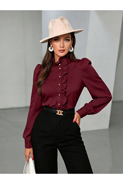 Take Two By Styli Burgundy Ruffled Long Sleeve Blouse