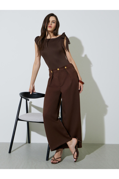 Take Two By Styli Brown Wide Leg Trousers With Buttons