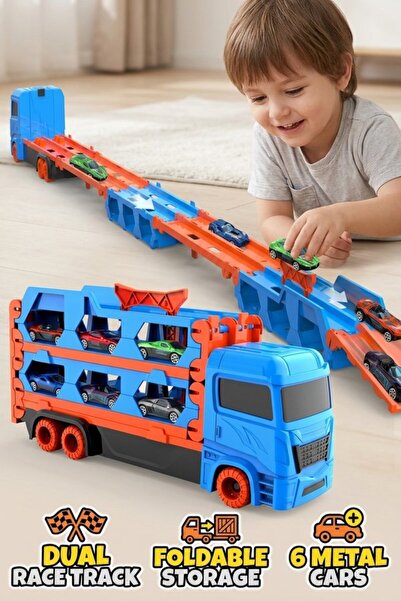 Quivlox 7 Piece ABS Folding Transport Truck Race Track Set 6 Metal Cars Doubl...
