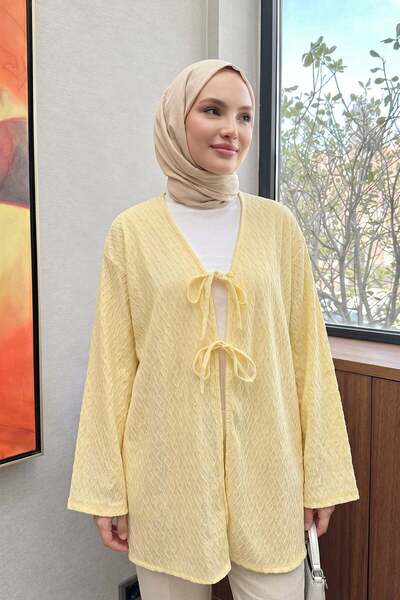 zenne Patterned Long Kimono 2374 - Yellow