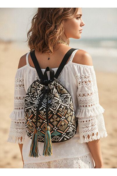 MILANO COLLECTION Rucsac boho negru, romburi aztec, brodat manual, bun de plajă