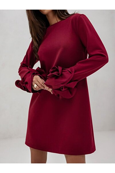 Mauri Rochie elegantă de damă bordeaux cu volane în formă de floare - S