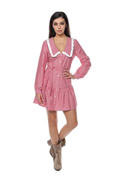 Miss One Rochie rosie cu dungi si cordon