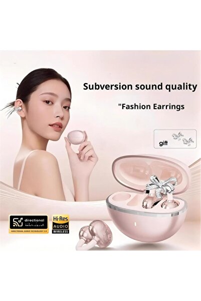 Abmkw Fashion Bowknot Diamond Ear Clip Wireless Earbuds OWS Open Ear Headphon...