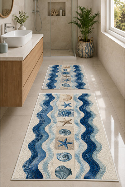 Aybek Home Marine Temalı 2'li Banyo Paspası Takımı Kaymaz Taban Dijital Baskı...