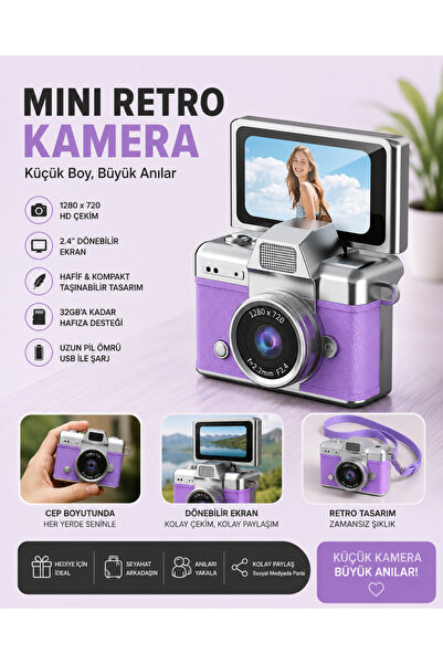 Kılıfsiparis Mini Retro Kamera Flaşlı Selfie Dönen Ekran Vlog Kamerası Anahta...