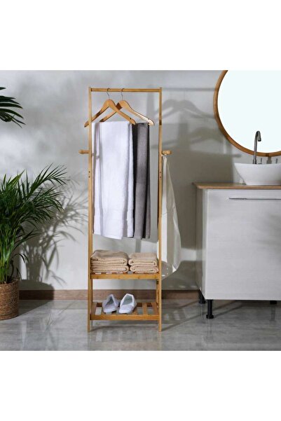 PAN HOME Natura Bamboo Cloth Rack with 2-Tier Storage Shelves 45x35.5x149cm -...