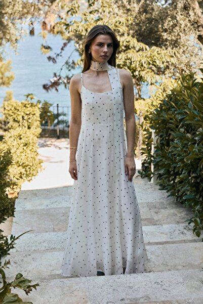 Suziş Long Dress with Scarf Detail, Straps, and Polka Dot Pattern 3469