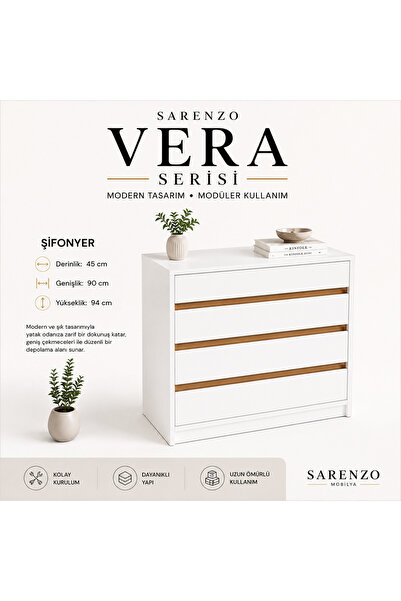 Sarenzo Vera 4 Çekmeceli Şifonyer Beyaz Meşe Detaylı Modern Yatak Odası Şifon...