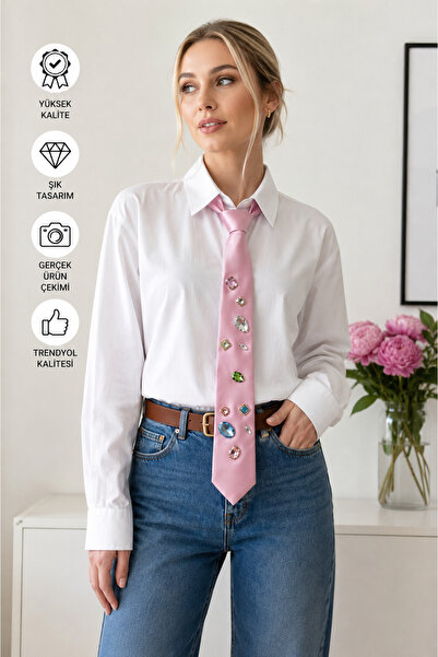 Daisy kravat, saten, taş işlemeli, pudra pembe, unisex, özel tasarım