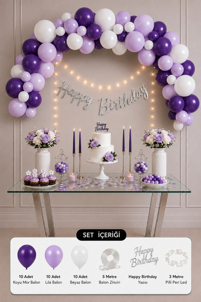 Baloncu Nene Mor Lila Beyaz Doğum Günü Süsleme Seti 30 Balonlu Happy Birthday...