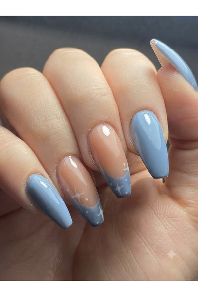 Shades On Nails Handmade Press-On Nails Set - Bright Sky Blue & Nude French T...