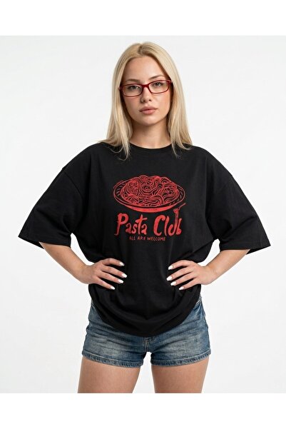 TrendAllStore Pasta Club Printed Short Sleeve Oversize Basic T-Shirt
