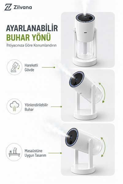Zilvana 280 ml Adjustable Desktop Cool Mist Humidifier USB Type-C with Rgb Colorful Light and Star Projection White
