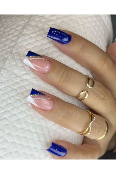 Shades On Nails Handmade Press-On Nails Set - Royal Cobalt Blue & Nude Geomet...