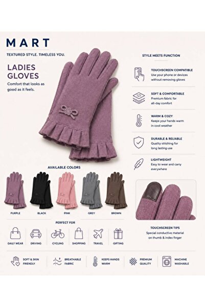Mart Ladies Ruffle Cuff Touchscreen Gloves - Gloves with Bow Detail