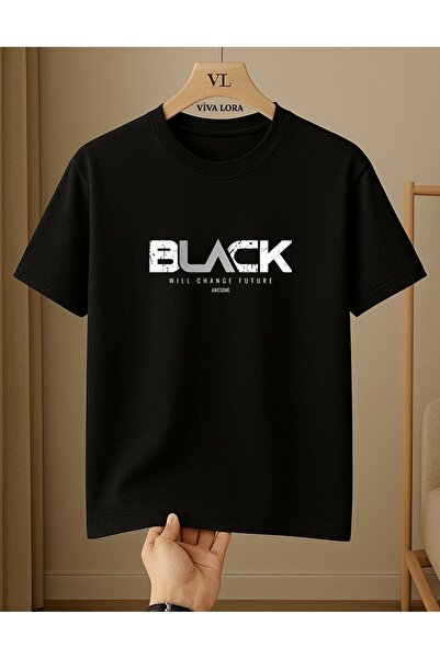 VİVA LORA Black Awesome Printed 100% Cotton Crew Neck Regular Unisex Black T-...