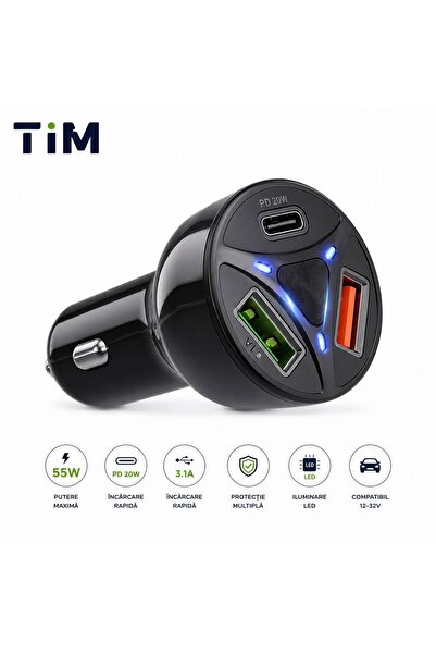 Tim Fast Charge 55W Car Charger – 3 Ports (USB-C PD + 2x USB), Fast Charging,...