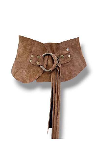 Yılday Gür Butik Lyra Ring Buckle Tasseled Brown Nubuck Leather Bohemian Belt
