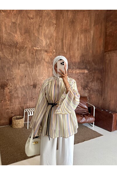 ensade Lined Pastel Striped High Collar Hijab Tunic Oversize Casual Summer Wo...
