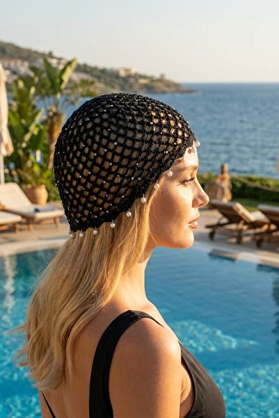 LAGRANZE Pearl Black Pearl Detailed Women's Hand Knitted Beanie