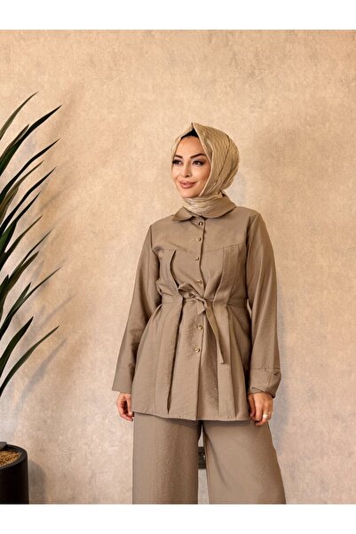 Nefise 250337 Stylish Trouser Suit with Belted Waist Mink