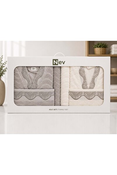 Özdilek Nev Series -Blank Gray Cream- Velvet Cotton 6 Piece Family Bathrobe Set