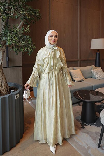 İmajButik Жълта шифонена рокля с яка, връзка и набори